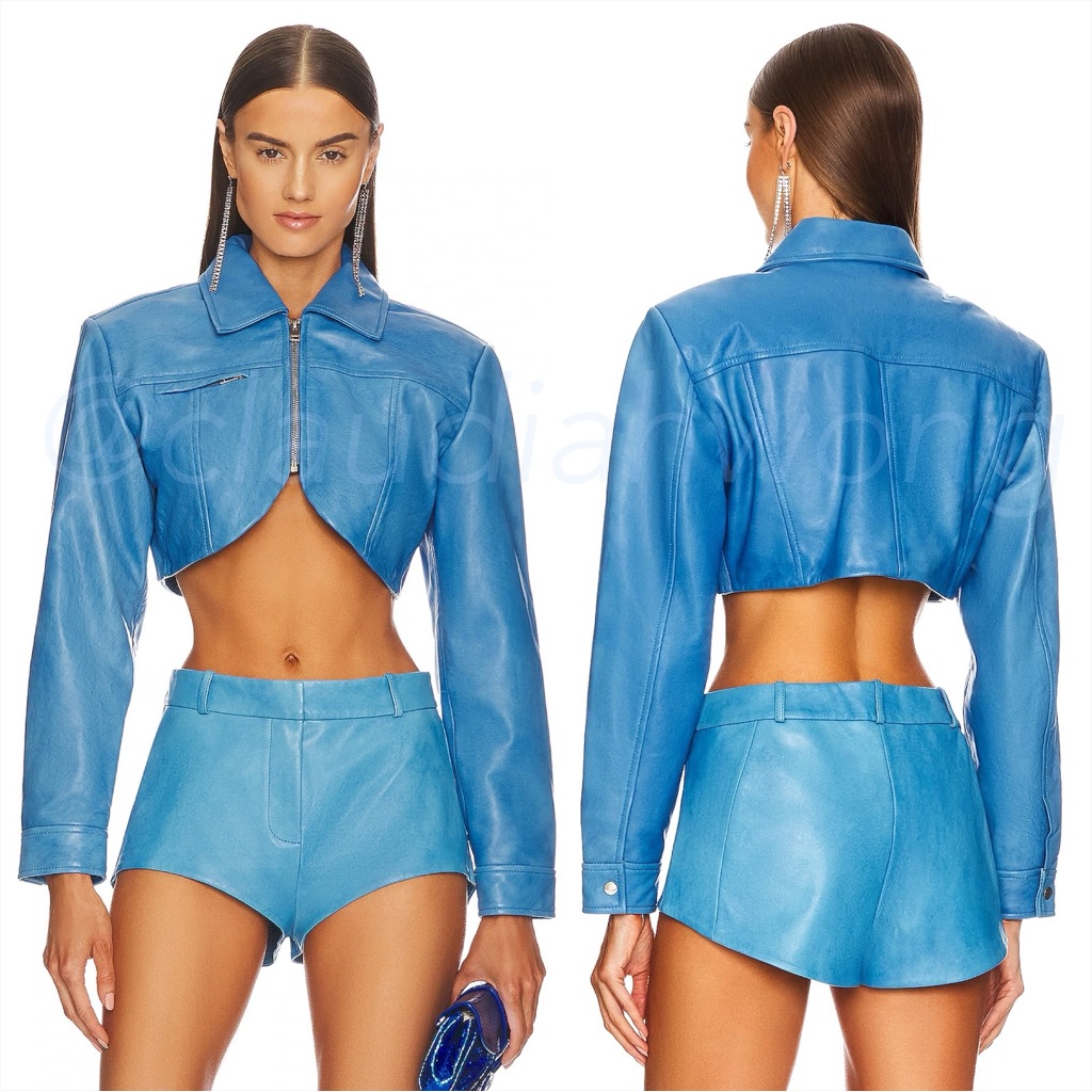 Lamarque Faded Jean Cropped Leather Jacket + Annaise Hot Shorts Set In Blue